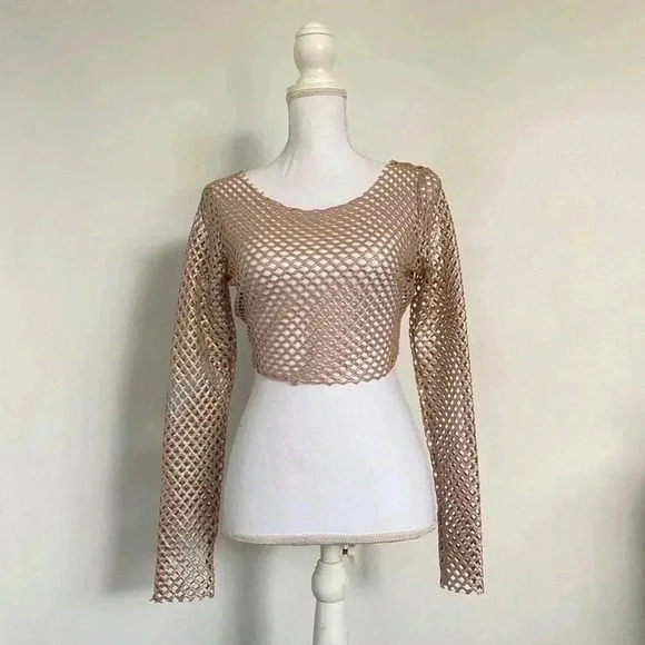 Silver & tan fishnet mesh cropped long sleeve. - Picture 1 of 3